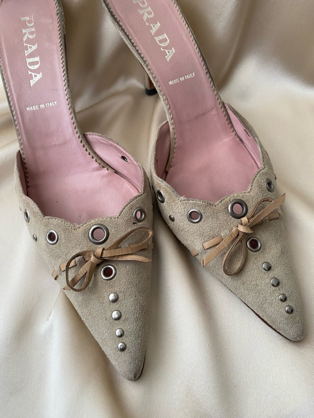 Vintage Prada Suede Grommet pointed toe mules
